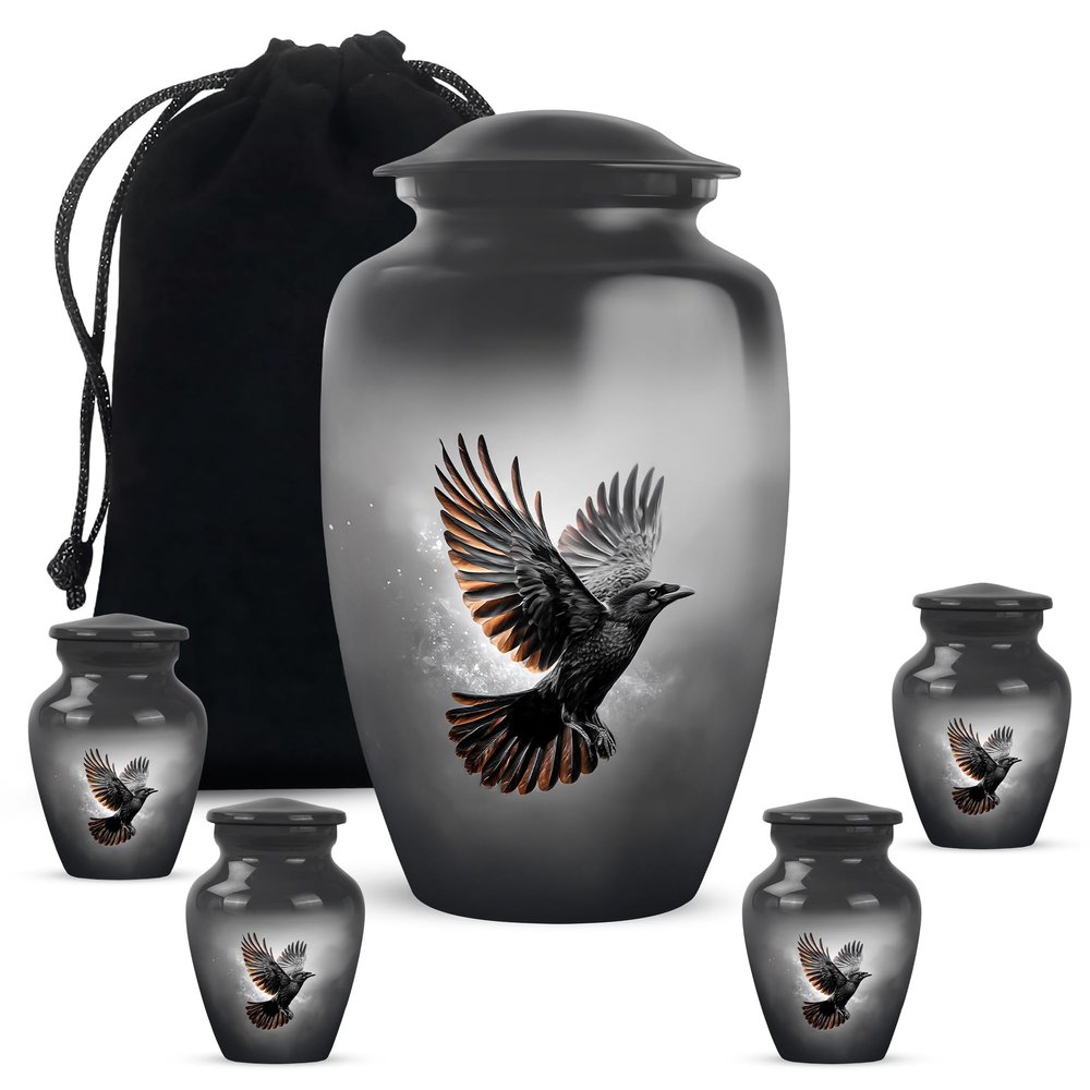Crow Mini Ashes Container for Human Remains, Small Cremation Urn for Brother & Sister, Large Urns for Ash, Keepsake Urn for Family, Burial & Funeral Urns, 10 & 3" Set of 5