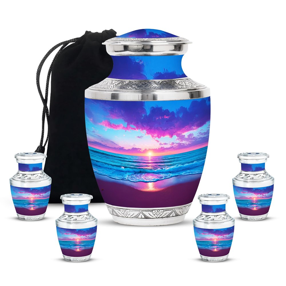 Casketique Beach Funeral Urns for Adult Male 1 Large 4 Keepsake - Orange Burial Urns for Human Ashes Adult Female - Memorial Urn for Mom - Cremation Urn for Huma Ashes - 10 & 3 Inch