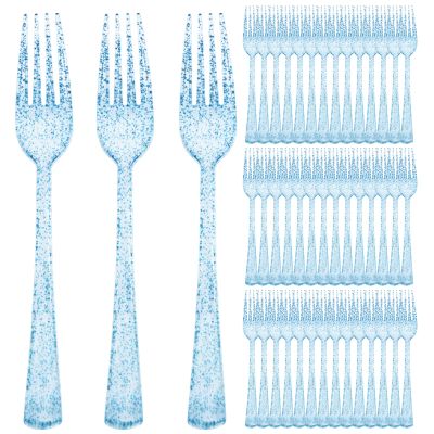 100 Pcs Blue Plastic Forks Blue Glitter Silverware Heavy Duty Plastic Utensils Disposable Cutlery Set for Brithday, Baby Shower, Picnic