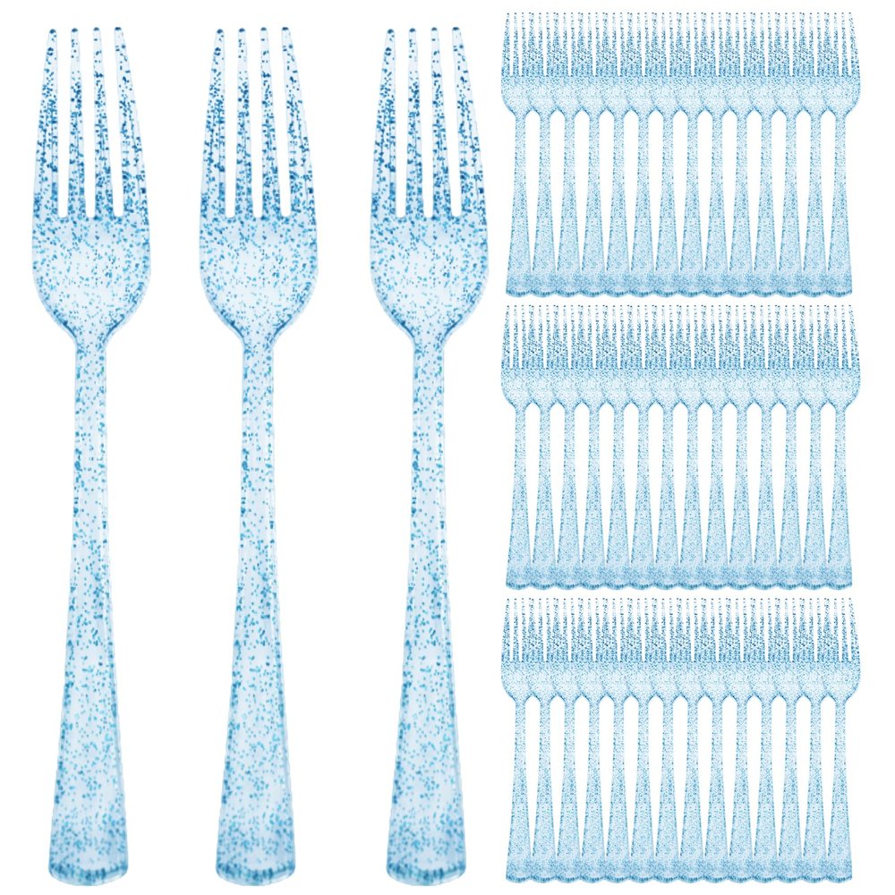 100 Pcs Blue Plastic Forks Blue Glitter Silverware Heavy Duty Plastic Utensils Disposable Cutlery Set for Brithday, Baby Shower, Picnic