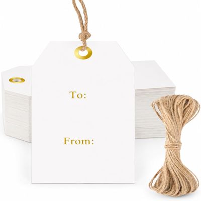 G2PLUS to and from Tags - 50Pcs Gift Tags with String, 3.3x2.2 in White Paper Name Tag, Foil Gold Party Favors Hangtag for Birthday, Wedding, Christmas