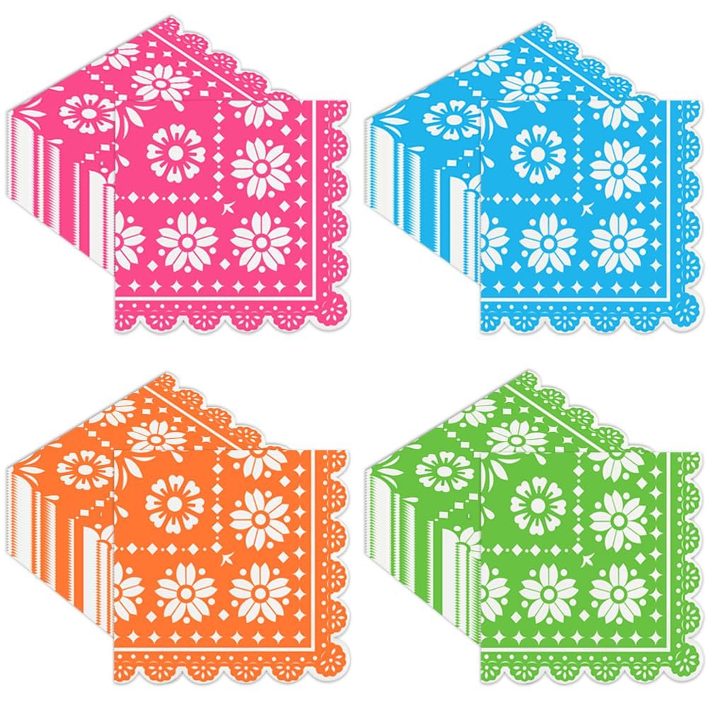 100 Pack Mexican Paper Napkins Fiesta Disposable Party Napkin Papel Picado Decorative Scalloped Napkin for Fiesta Cinco De Mayo Dia De Los Taco Bar Mexican Theme Birthday Wedding Party Supplies