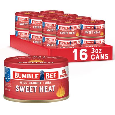Bumble Bee Snackers - Sweet Heat Tuna, 3 oz Easy Open Can - 18g Protein per Serving - Wild Caught Skipjack Chunk Light Tuna Pack - No Draining, Ready to Eat (Pack of 16)