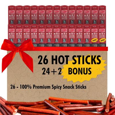 Jerky.com Hot Beef and Pork Jerky Meat Sticks 26 Pack (24 + 2 Bonus) | 5g Protein, 90 Calories, Gluten-Free, Individually Wrapped, Keto Friendly, Low Carb Snack | Delicious Smoked Beef Jerky Sticks | Gifts for Men