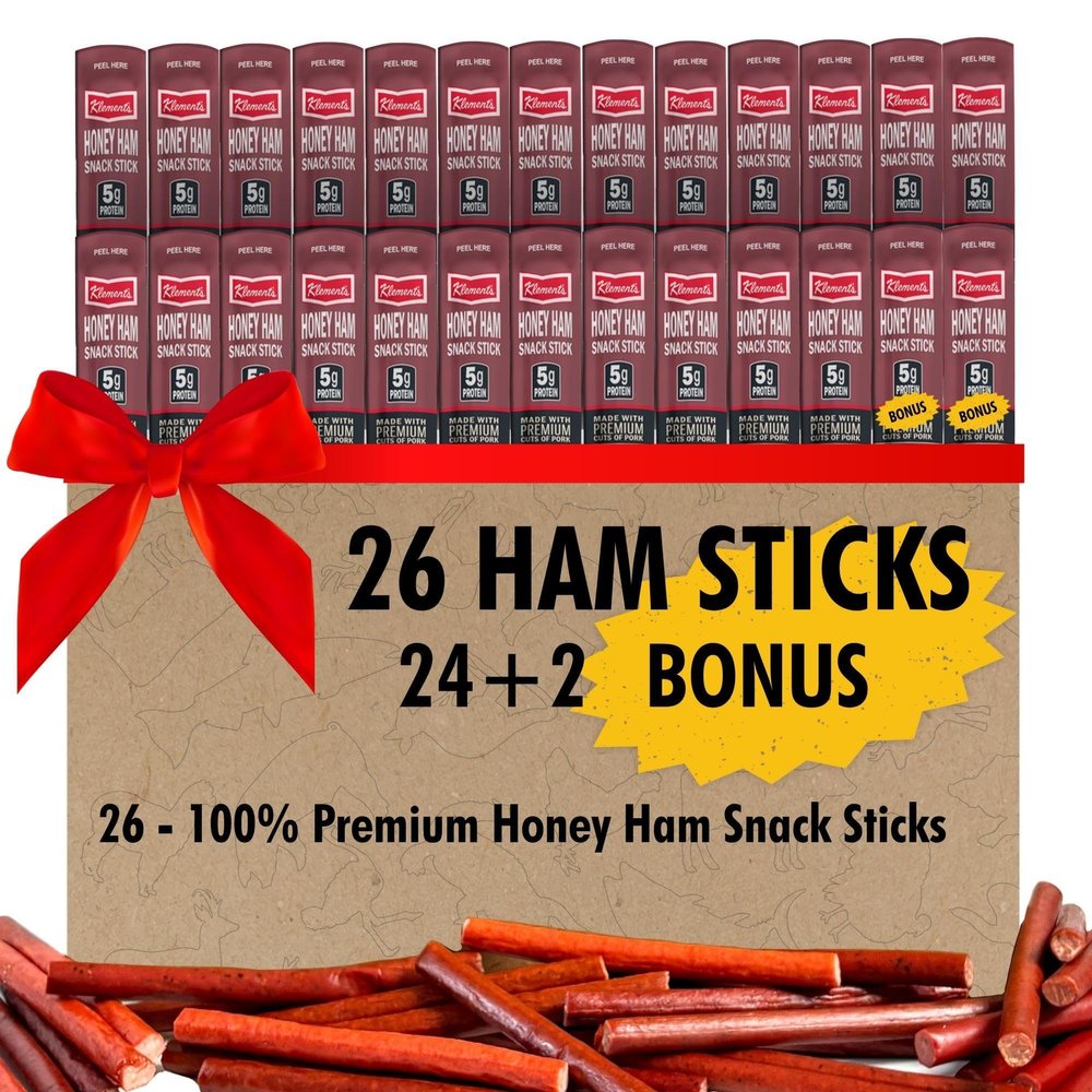 Jerky.com Honey Ham Pork Jerky Snack Sticks 26 Pack (24 + 2 Bonus) | 5g Protein, 90 Calories, Gluten-Free, Individually Wrapped, Keto Friendly, Low Carb Snack | Delicious Sweet & Savory Jerky Meat Sticks | Gifts for Men