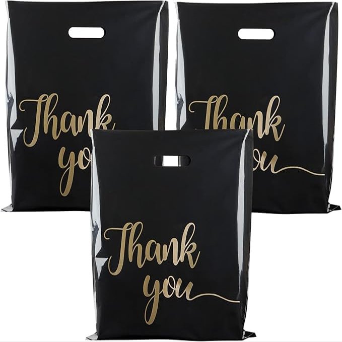 100 Pack Thank You Bags for Small Business, 8 x 12 Inch Plastic Shopping Bags with Handles (BLACK, 18" X 14")