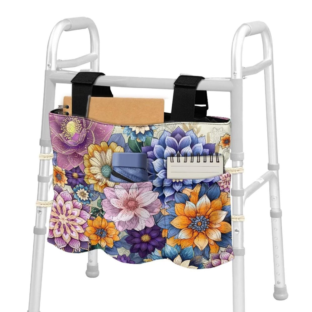 YUVAMAGIMO Blooming Flowers Walker Storage Bags for Folding Walker Universal Armchair Hanging Bag Multi Pockets Polyester Washable Large Capacity Organizer for Seniors Holiday Gifts