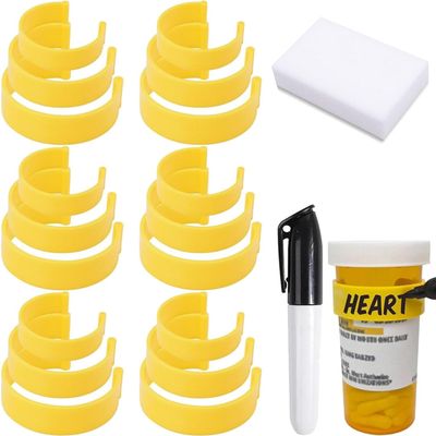 18pcs Clips for Pill Bottles,Medicine Bottle Label Clips for Easy Medication Identification,Reusable Pill Bottle Medicine Labels with Marker Pen,Sponge Wipe,Perfect for Home,Travel,Daily Use