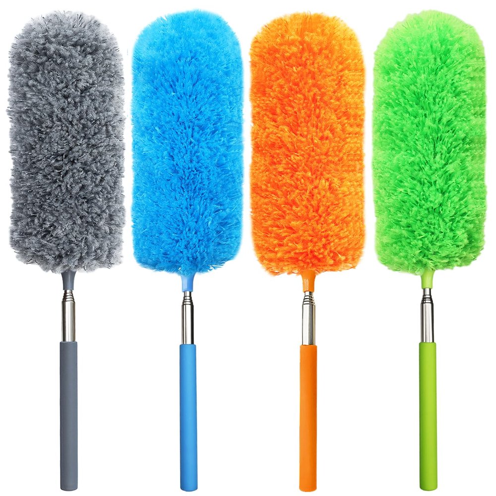 4 Pack Small Microfiber Feather Duster, with 13" to 30" Extendable Pole, Microfiber Head, Cleaning Tool for Cleaning Office, Car, Computer, Furniture, Sofa (Orange/Blue/Green/Gray)
