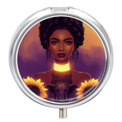 Mini Travel Small Pill Box, African American Black Woman Girl Painting Sunflower Portable Pill Container Metal Shell Medicine Organizer Holder for Vitamin, Fish Oils