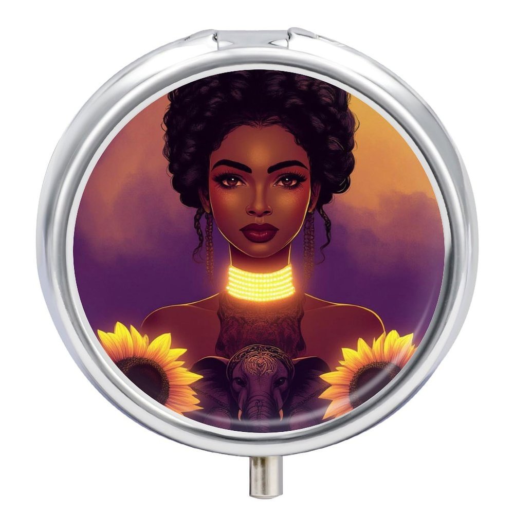 Mini Travel Small Pill Box, African American Black Woman Girl Painting Sunflower Portable Pill Container Metal Shell Medicine Organizer Holder for Vitamin, Fish Oils