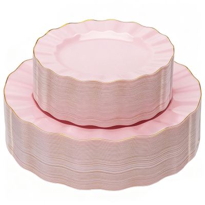 QualQuot 120PCS Pink Plastic Plates, Heavy Duty Disposable Party Plates with Gold Rim, Fancy 60 Dinner & 60 Dessert Plates for Parties and Wedding