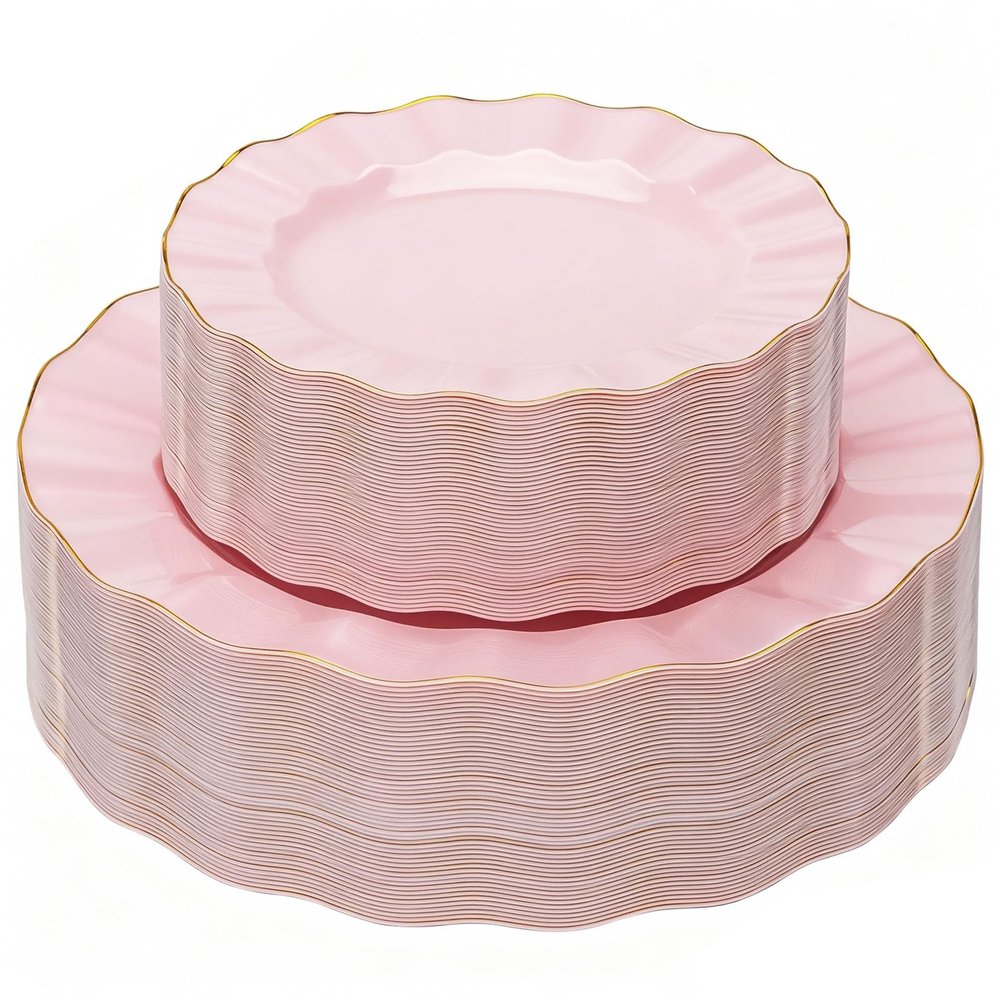 QualQuot 120PCS Pink Plastic Plates, Heavy Duty Disposable Party Plates with Gold Rim, Fancy 60 Dinner & 60 Dessert Plates for Parties and Wedding