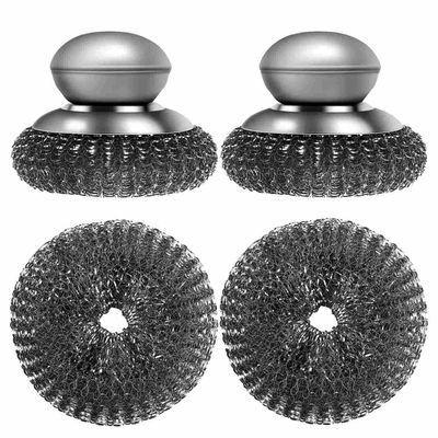 2 Pack Stainless Steel Wool Scrubber with Handle & 2 Pack Replacement Steel Scrubber Wool Pads for Cleaning Iron Pots Dishes Pans Metal Scrubbers for Kitchen Wash Sink Stoves Grills Pot Brush (Silver)
