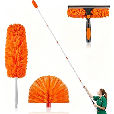 24-Foot High Ceiling Cleaning Kit, with 4-24-Foot Telescopic Dust Removal Rods, Window Cleaning Kit, Multi-Functional Accessories (Scraper, Duster, Ceiling Fan Vacuum Cleaner) (24FT)