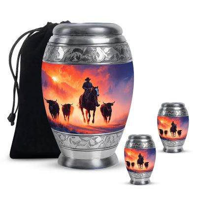 Yatskia Cowboy with Cattle Little Keepsake Urn for Adult Ashes Brother and Sister, Large Memorial Urn for Human Ashes Adult Dad, (Monar 10 Inch and 3 Inch)