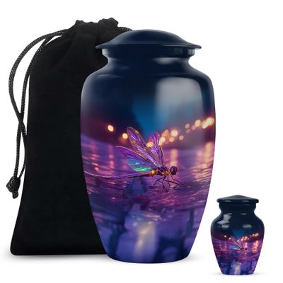 Remembrate Purple Dragonfly Burial Urns for Women Human Ashes - Blue Cremation Urns for Ashes Adult Female and Male Remains - Adult Cremation Urn for Burial, 10 Inch & 3 Inch