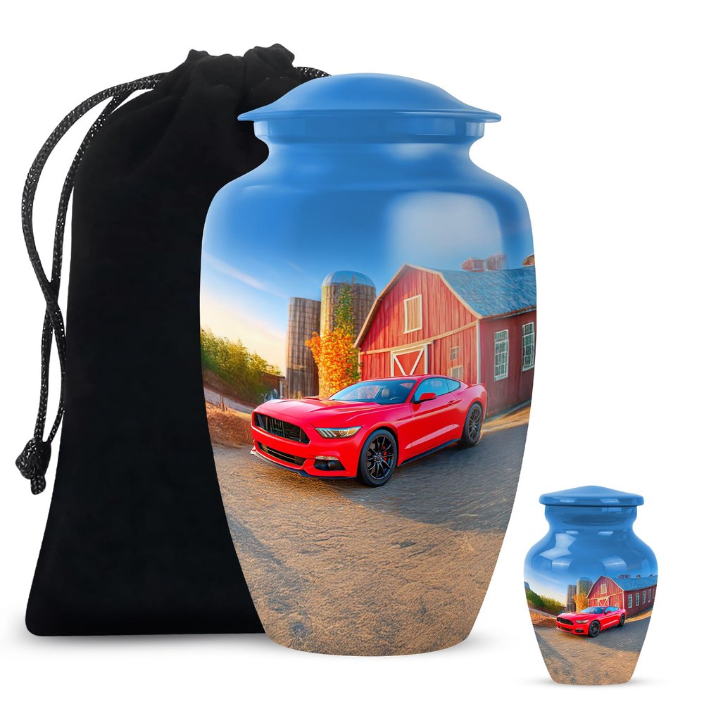 Casketique Car Cremation Urns for Adult Ashes Women & Men Combo Set of 2 - Blue Adult Male Urn for Ashes 1 Large & 1 Keepsake - Funeral Urn for Mom & Dad - 10 & 3 Inch