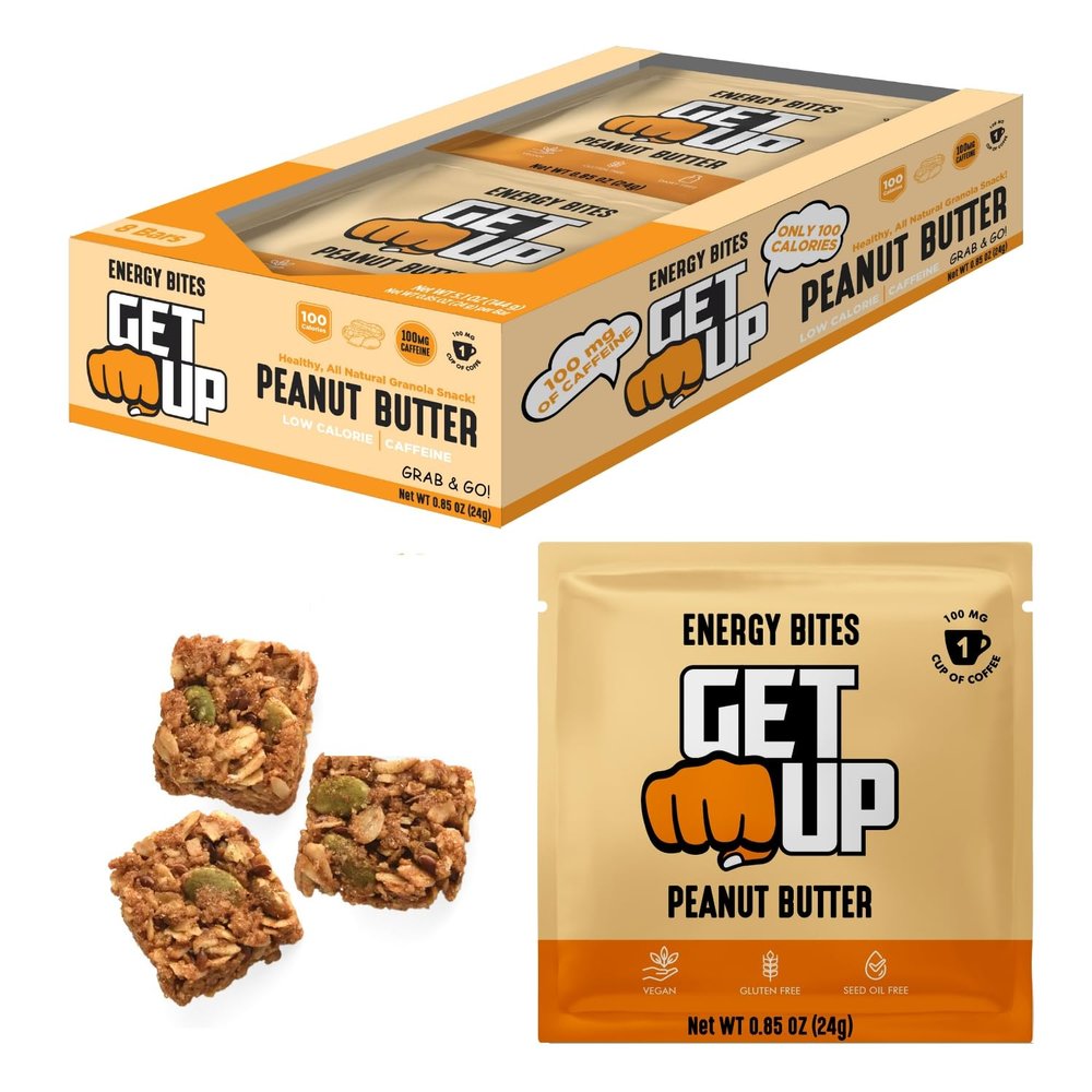GetUp Caffeinated Granola Bites - Peanut Butter (10 Pack) 100mg Caffeine Energy Bites Low Calorie, Gluten-Free, 0 Seed Oils Pre-Workout Portable Snack Coffee Substitute - Low Sugar Energy