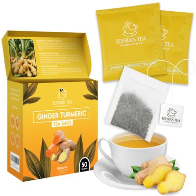 100 PACK Ginger-Turmeric Tea Bags Individual Wrapped Tea Bags All Natural Herbal Tea | Caffeine Free | No Preservatives, No Sugar, Non GMO Great For All Seasons