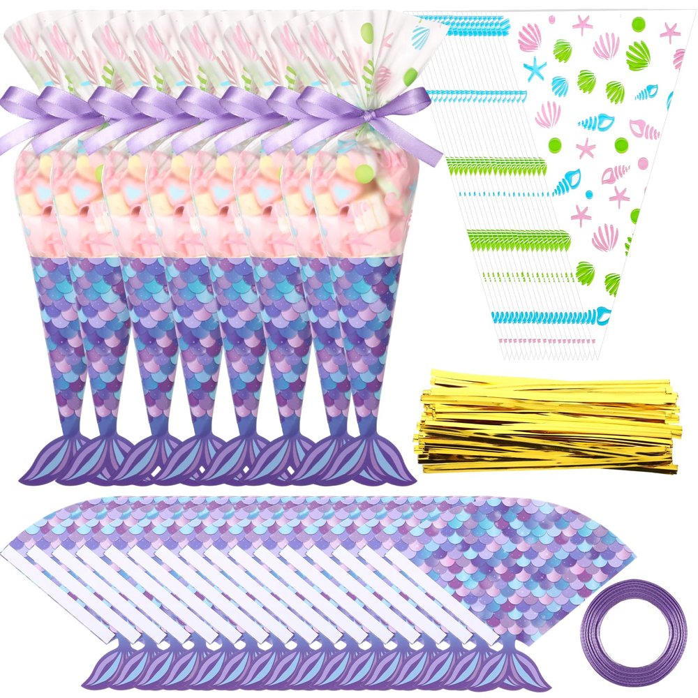 Yexiya 25 Pack Mermaid Birthday Party Favor Bags Triangle Cellophane Candy Treat Goody Gift Bag with 25 Mermaid Tail Cards 50 Pcs Twist Ties and 1 Roll of Purple Ribbon for Birthday Party