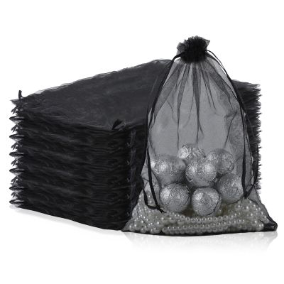 100 Pcs Organza Bags, Grey Sheer Organza,Wedding Favor with Drawstring,Jewelry Gift Bag for Party, Jewelry, Bathroom Soaps (Black, 6.69 * 9.06 inch)