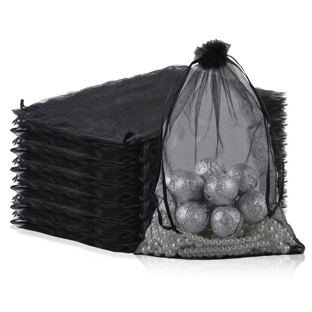 100 Pcs Organza Bags, Grey Sheer Organza,Wedding Favor with Drawstring,Jewelry Gift Bag for Party, Jewelry, Bathroom Soaps (Black, 6.69 * 9.06 inch)