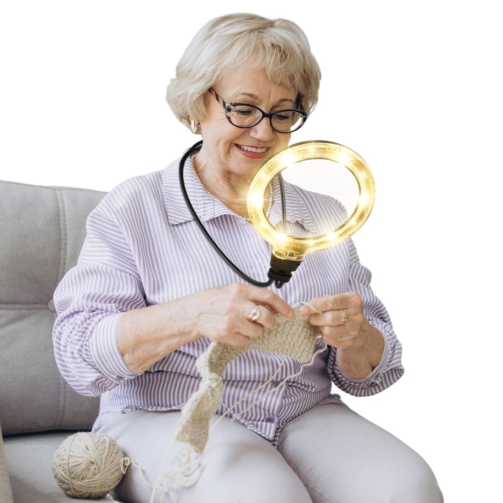 10X Hands Free Magnifying Glass with Light, 6 Light Modes, 1200mAh Rechargeable Neck LED Magnifier for Seniors & Low Vision, Needlepoint, Cross Stitch, Crafts, Reading, Sewing