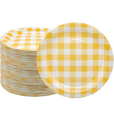 HSPAIDYP 50Pcs Gingham Party Supplies 7" Yellow Plaid Paper Plates YellowCheckered Plate Disposable Yellow and White Plaid Plates for Baby Shower Wedding Picnic BBQ Birthday Party Decor