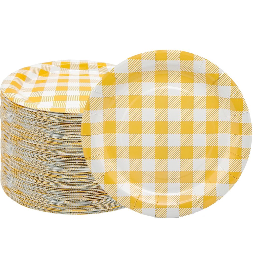 HSPAIDYP 50Pcs Gingham Party Supplies 7" Yellow Plaid Paper Plates YellowCheckered Plate Disposable Yellow and White Plaid Plates for Baby Shower Wedding Picnic BBQ Birthday Party Decor