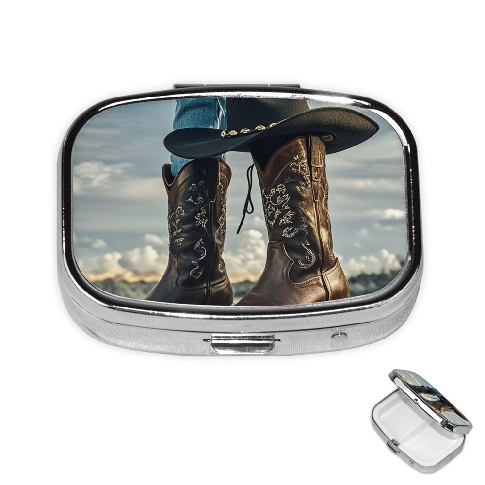 Pill Case 3 Compartment Pill Box Round Pill Organize Cowboy Black Hat Western Boots Pillbox Metal Waterproof Medicine Organizer Box for Travel Pill Container Storage Box for Medication Planner