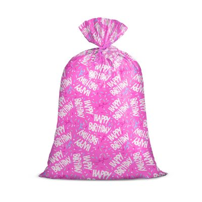 Loveinside Jumbo Large Plastic Gift Bag, Pink Happy Birthday Design with Colorful Confetti Sprinkles Design Plastic Bag with Tag and Tie for Birthday Party Gifts and Celebration - 56" x 36", 1 Pcs