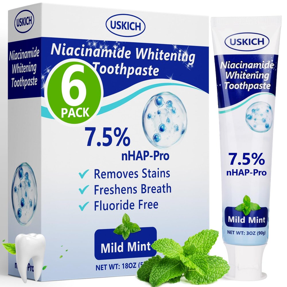 7.5% Nano Hydroxyapatite Toothpaste,6 Pack Fresh Breath Whitening Toothpaste for Remineralizing Enamel & Sensitive Relief,Antiplaque,Natural Peppermint,Fluoride-Free