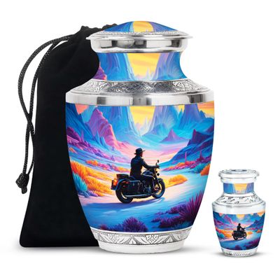 Remembrate Motorcycle Burial Urn for Human Ashes Adult Men and Women - Blue Funeral Urns for Ashes Adult Male Large 10 Inch & 3 Inch Set - Human Cremation Urn for Daughter and Son