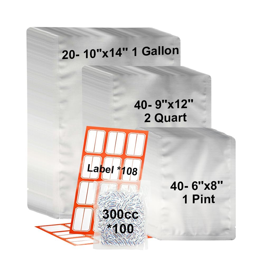 100 Count 1 Gallon Mylar Bags with Labels, 20-10''x14''/35-8''x12''/45-7''x10'' Heat Sealable Airtight Aluminum Bags, 11 Mil Total Thicker Long-Term Food Storage Pouches Silver