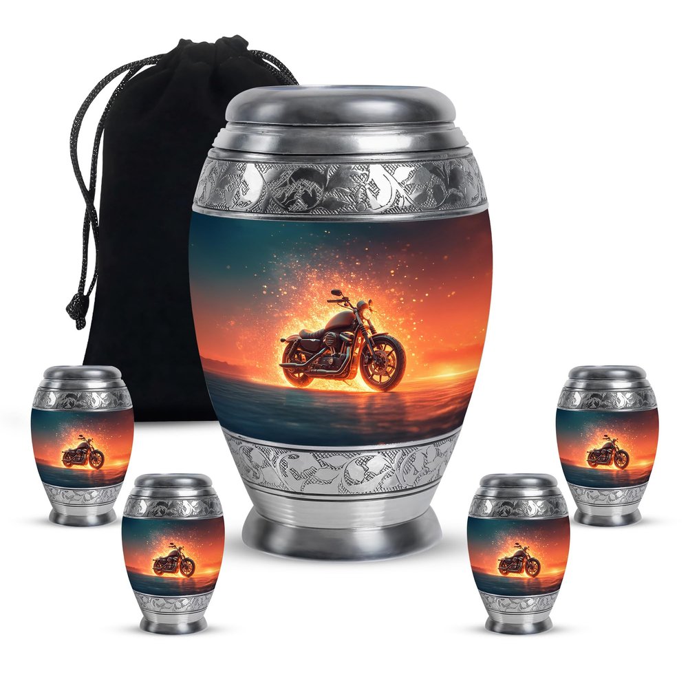 Remembrate Motorcycle Funeral Urns for Adult Ashes Women and Men - Adult Urns for Human Ashes Women - Green Funeral Urn for Mom and Dad - Memorial Large Urn 10 Inch, 4 Keepsake Combo
