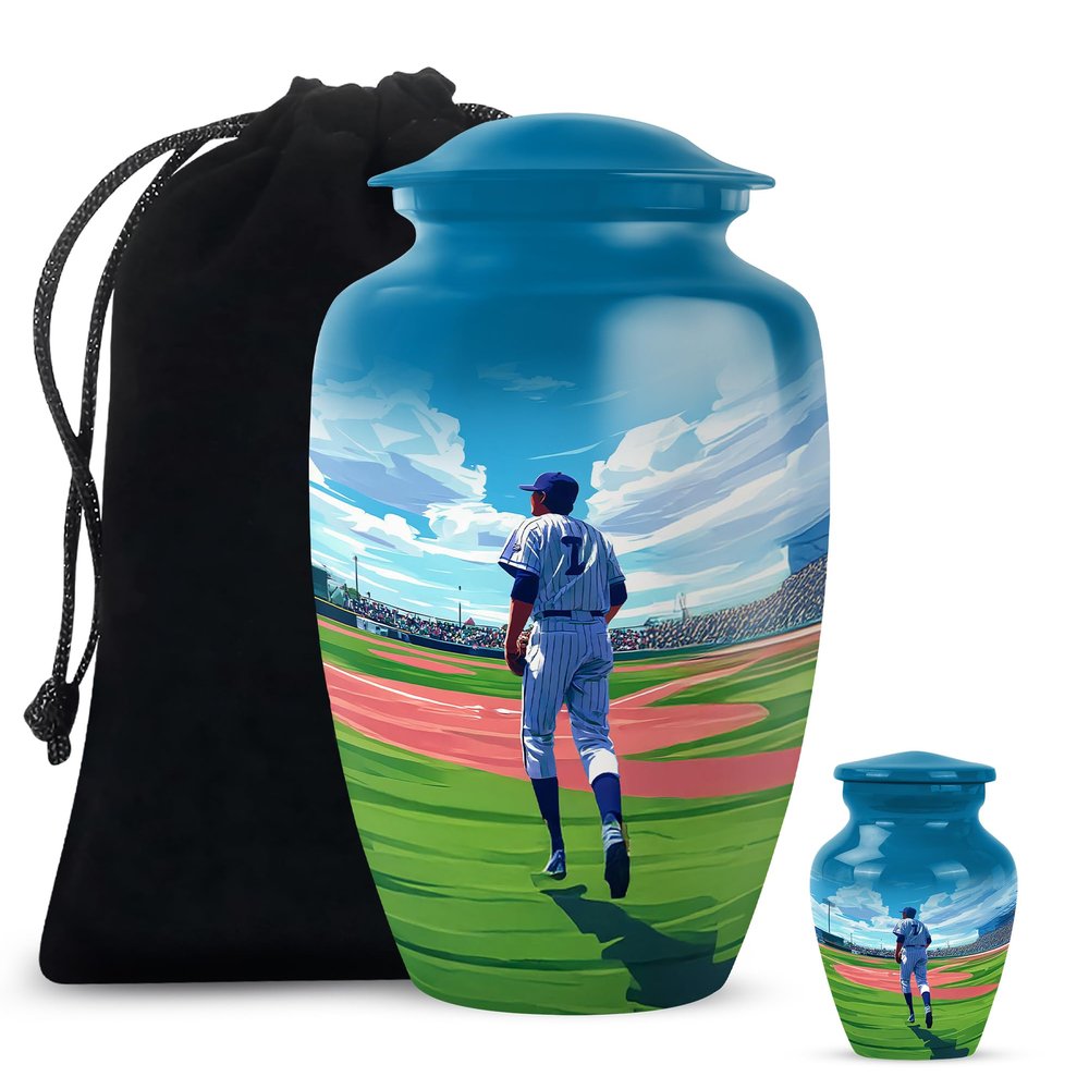 Casketique Baseball Urns for Adult Male & Female Combo - Blue Human Urns for Ashes Adult Female - Cremation Urn for Mom & Dad 1 Large 1 Keepsake Urn - 10 & 3 Inch