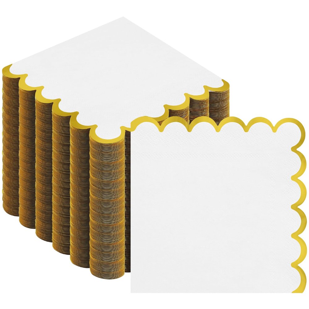 200pack White Cocktail Napkins - 5 Inch Gold Foiled Scalloped Cocktail Napkins, Elegant White and Gold Paper Napkin Beverage Napkin for Wedding, Baby Shower, Bridal Shower, Holiday Party