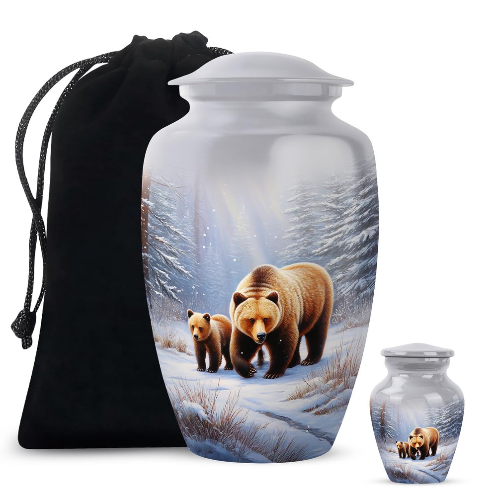 Casketique Bear Cremation Urns for Adult Male Set of 2 - White Funeral Urn for Ashes for Women Set of 1 Large & 1 Keepsake - Memorial Urns for Human Ashes Adult Male - 10 & 3 Inch Combo
