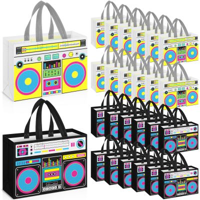 Locmeo 24 Pcs 80s90s Party Favor Bags Non Woven Retro Radio Grocery Bags for Hip Hop Birthday Disco Rock Party (Black,Yellow)