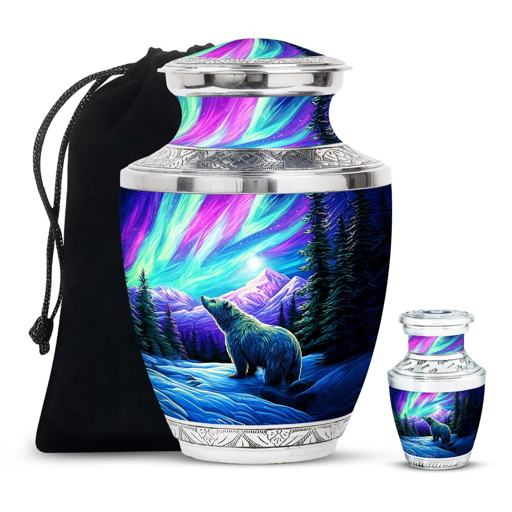 Casketique Bear Cremation Urns for Adult Male Set of 1 Large & 1 Keepsake - Blue Cremation Urns for Human Ashes Set of 2 - Northern Light Memorial Funeral Urn for Ashes for Women - 10 & 3 Inch Combo