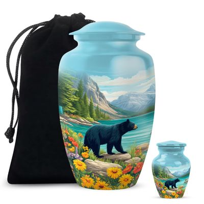 Casketique Bear Burial Urns for Adult Male Set of 2 - Blue Cremation Urns for Adult Ashes Women Set of 1 Large & 1 Keepsake - Wilderness Memorial Funeral Container for Human Ashes - 10 & 3 Inch Combo