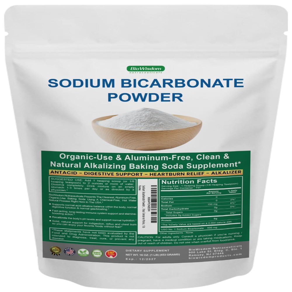 Sodium Bicarbonate Powder for Organic Use, Grade 1 Aluminum Free Baking Soda, Natural No Chemicals, Pure Powder for Cooking, Bicarbonato De Sodio Para Tomar en Polvo, 1 lb