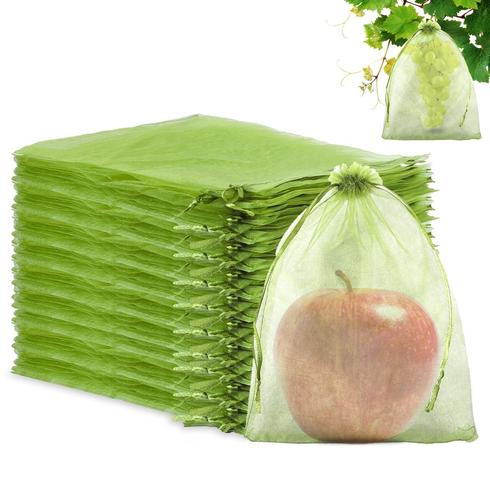 100pcs Fruit Protection Bags 8x12 inch,Green Mesh Bags Drawstring Fruit Protectors Pest Barrier for Grapes Trees & Party Favor, Candy, Jewelry Drawstring, Christmas Gift Bags, Wedding Mesh Goodie Bags