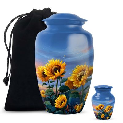 Remembrate Sunflowers Small Urn for Human Ashes Adult Male and Female - Blue Memorial Urns for Human Ashes - Cremation Urn for Dad and Mom - Funeral Set Urns for Women 10 Inch, 1 Keepsake Set