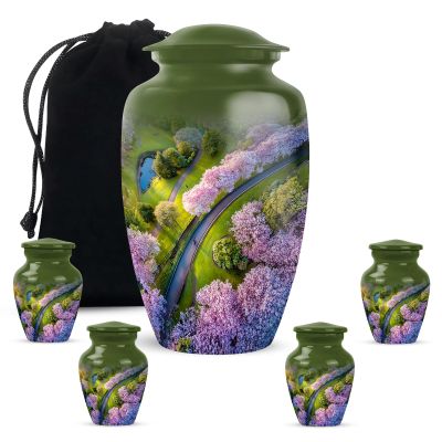 KARYLIZ Cherry Blossom Urn - Cremation Urns for Human Ashes - Small Funeral Keepsake Set of 5-10" Large and 4 Mini Keepsake Women & Men - Burial Urn for Adult Male - Small Funeral Memorial