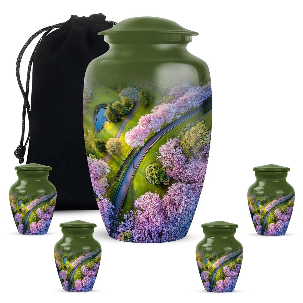 KARYLIZ Cherry Blossom Urn - Cremation Urns for Human Ashes - Small Funeral Keepsake Set of 5-10" Large and 4 Mini Keepsake Women & Men - Burial Urn for Adult Male - Small Funeral Memorial