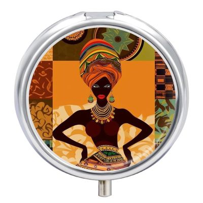 Portable Pill Organizer Small Pill Box African Woman 3 Compartment Medicine Vitamin Organizer Travel Medicine Organizer with Mirror & Button Closure Cute Medication Case for Purse