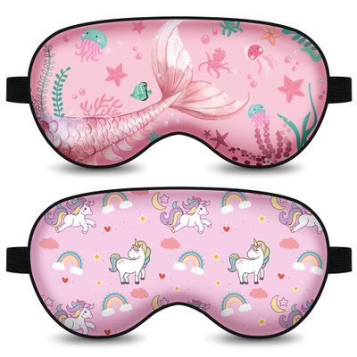 2 Pcs Sleep Mask for Kids,Cute Blackout Kid Eye Mask, Girls Eye mask for Kids Teen,Unicorn Sleep Mask with Adjustable Strap for Home Party Children's Travel Soft Eye Cover Blindfold (Unicorn + Ocean)