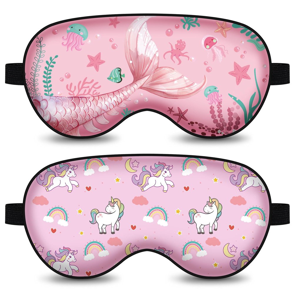 2 Pcs Sleep Mask for Kids,Cute Blackout Kid Eye Mask, Girls Eye mask for Kids Teen,Unicorn Sleep Mask with Adjustable Strap for Home Party Children's Travel Soft Eye Cover Blindfold (Unicorn + Ocean)